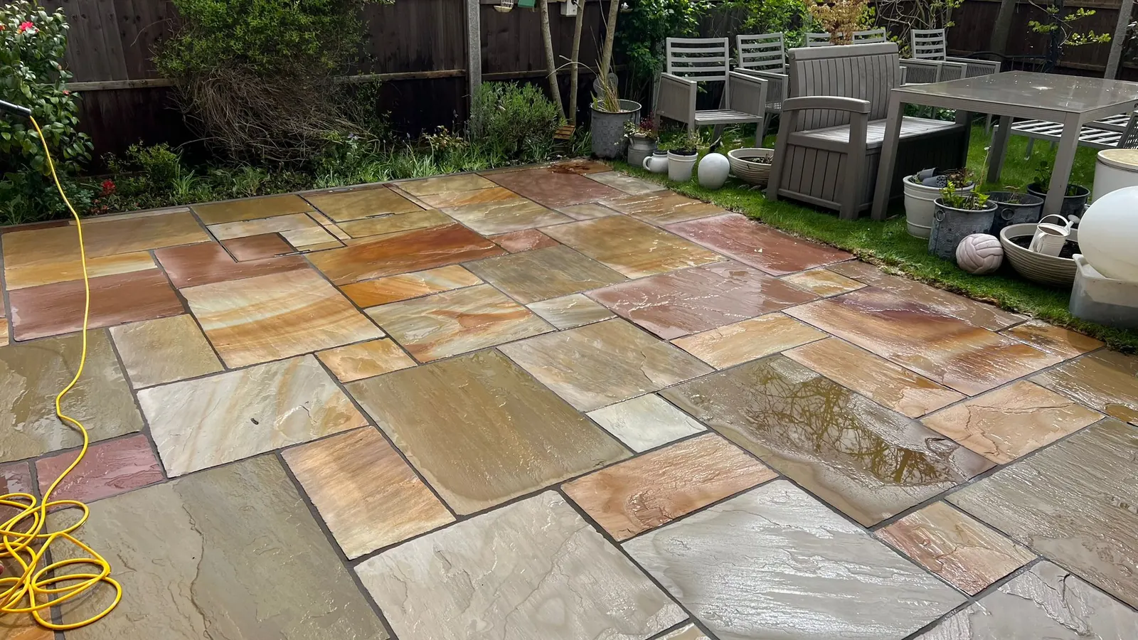 Sandstone patio in Bromsgrove after jet washing